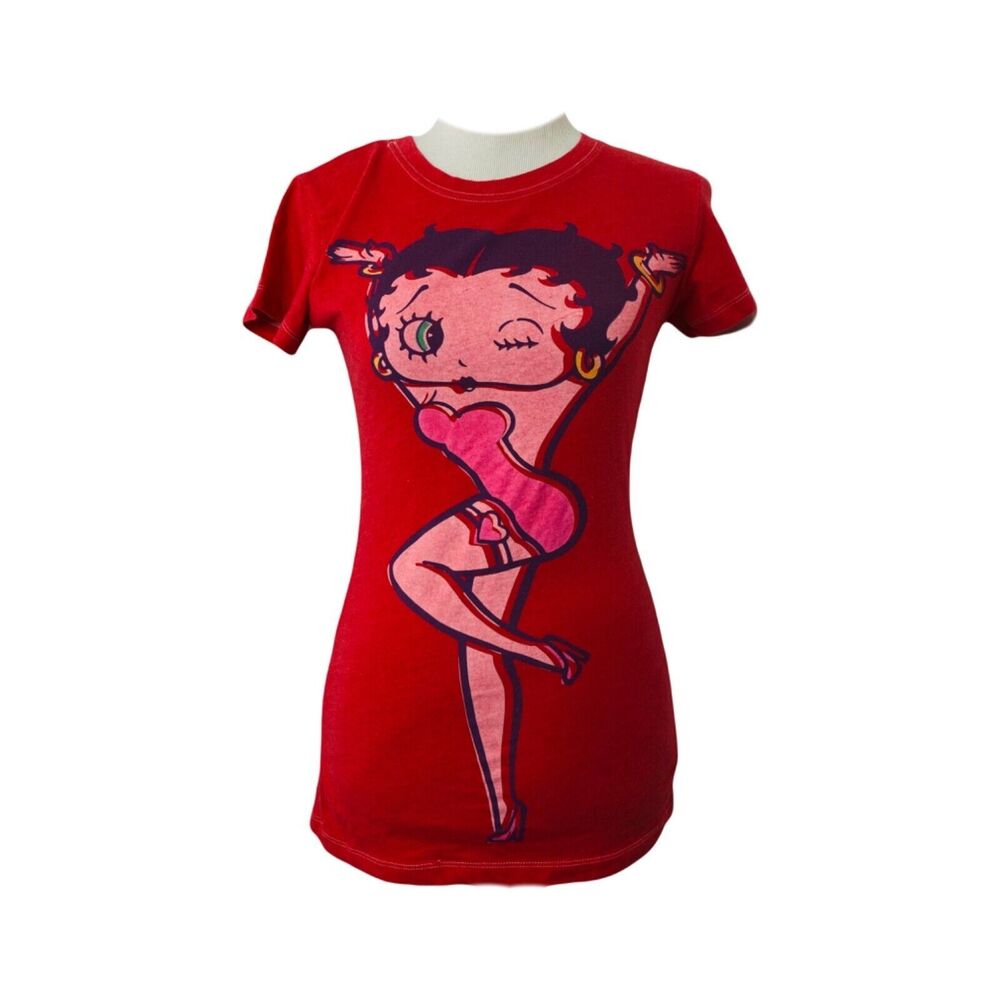 Betty Boop Junior’s Shirt Red Crewneck Big Logo Short Sleeve Size Medium